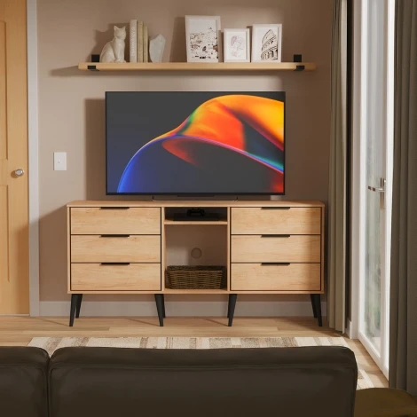 HK247-NB-B - Hong Kong - Nebraska Oak - 6 Drawer - TV Unit - Black Wooden Legs