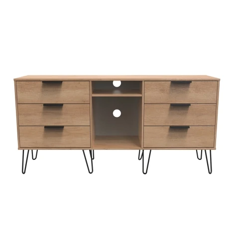 HK247-NB-C - Hong Kong - Nebraska Oak - 6 Drawer - TV Unit - Black Hairpin Legs