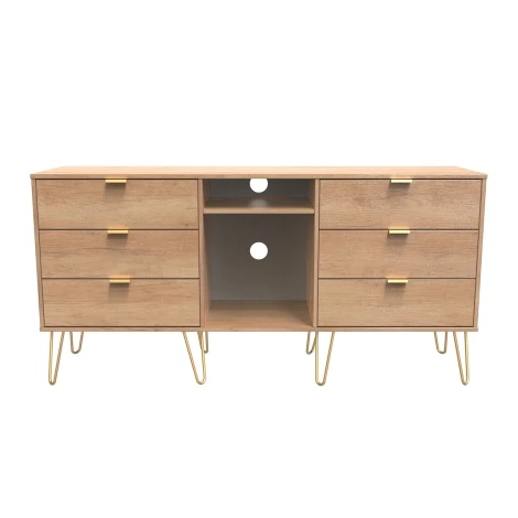 HK247-NB-F - Hong Kong - Nebraska Oak - 6 Drawer - TV Unit - Gold Hairpin Legs
