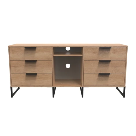 HK247-NB-G - Hong Kong - Nebraska Oak - 6 Drawer - TV Unit - Black Sleigh Leg