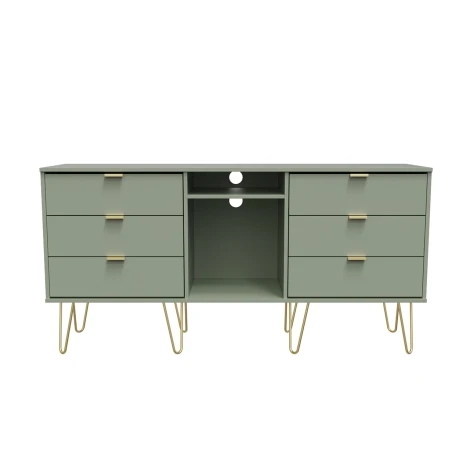 HK247-RG-F - Hong Kong - Reed Green - 6 Drawer - TV Unit - Gold Hairpin Legs