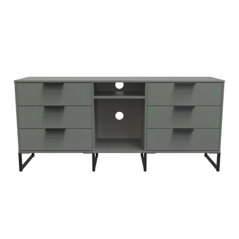 HK247-RG-G - Hong Kong - Reed Green - 6 Drawer - TV Unit - Black Sleigh Legs