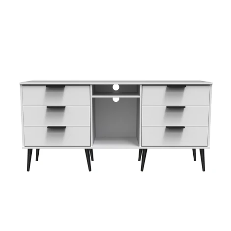 HK247-WM-B - Hong Kong - White Matt - 6 Drawer - TV Unit - Black Wooden Legs