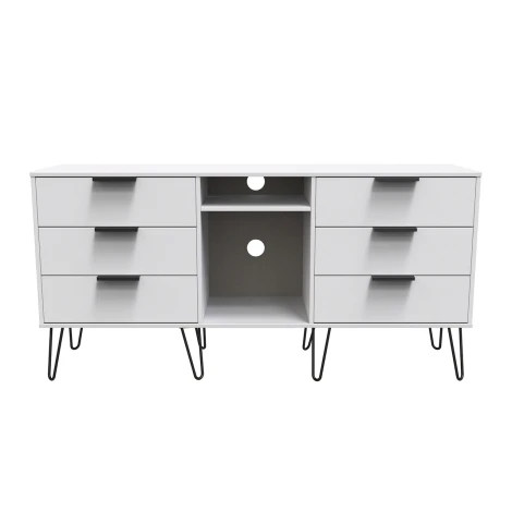 HK247-WM-C - Hong Kong - White Matt - 6 Drawer - TV Unit - Black Hairpin Legs