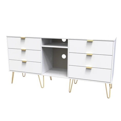 HK247-WM-F - Hong Kong - White Matt - 6 Drawer - TV Unit - Gold Hairpin Legs