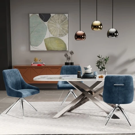 NH-DC-HUGO-BLU-SSS - Hugo Blue Velvet Handle Back Dining Chair Swivel Stainless Steel Legs (Pair)