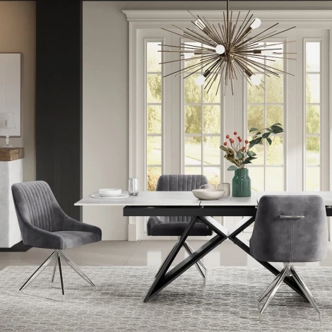 NH-DC-HUGO-LG-SSS - Hugo Light Grey Velvet Handle Back Dining Chair Swivel Stainless Steel Legs (Pair)