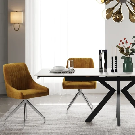 NH-DC-HUGO-MS-SSS - Hugo Mustard Velvet Handle Back Dining Chair Swivel Stainless Steel Legs (Pair)