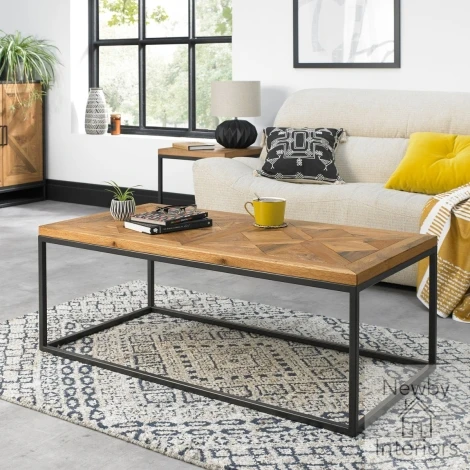 Indus Rustic Oak Coffee Table with Peppercorn Metal Frame
