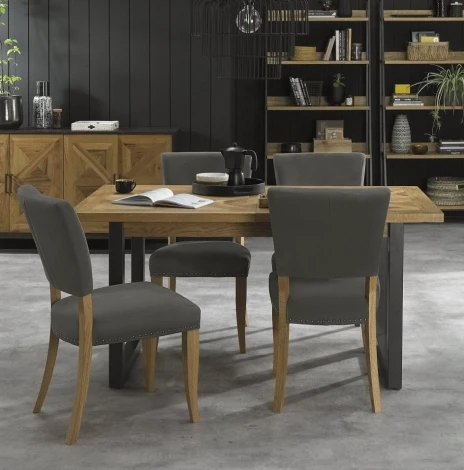 2003-2-09U-DGY4 - Indus - Rustic Oak - 4-6 Seater Rectangular Dining Table & 4 Oak Upholstered Chairs in Dark Grey Fabric