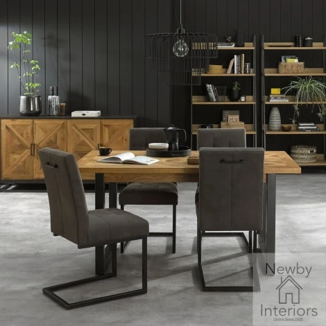 2003-2-09UC-DGY4 - Indus Rustic Oak 4 to 6 Seater Extending Dining Set with 4 Dark Grey Fabric Cantilever Chair