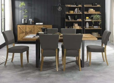 2003-4-09U-DGY6 - Indus - Rustic Oak - 6-8 Seater Rectangular Dining Table & 6 Oak Upholstered Chairs in Dark Grey Fabric