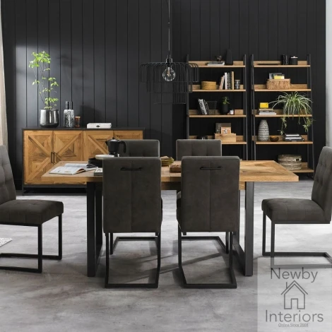 2003-4-09UC-DGY6 - Indus Rustic Oak 6 to 8 Seater Extending Dining Set with 6 Dark Grey Fabric Cantilever Chairs