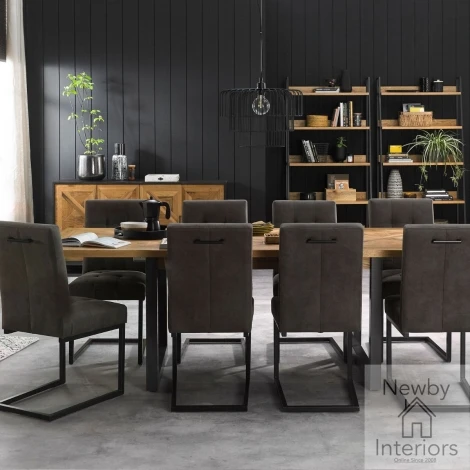 2003-4-09UC-DGY8 - Indus Rustic Oak 6 to 8 Seater Extending Dining Set with 8 Dark Grey Fabric Cantilever Chairs