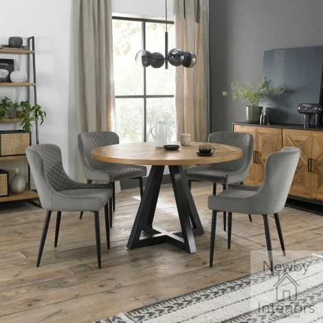 2003-9-01-VGY-4 - Indus Rustic Oak 4 Seater Round Dining Set with 4 Cezanne Grey Velvet Chairs