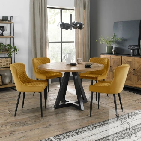 2003-9-01-VMU-4 - Indus Rustic Oak 4 Seater Round Dining Set with 4 Cezanne Mustard Velvet Chairs