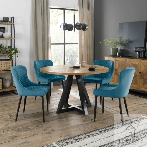 2003-9-01-VPB-4 - Indus Rustic Oak 4 Seater Round Dining Set with 4 Cezanne Petrol Blue Velvet Chairs