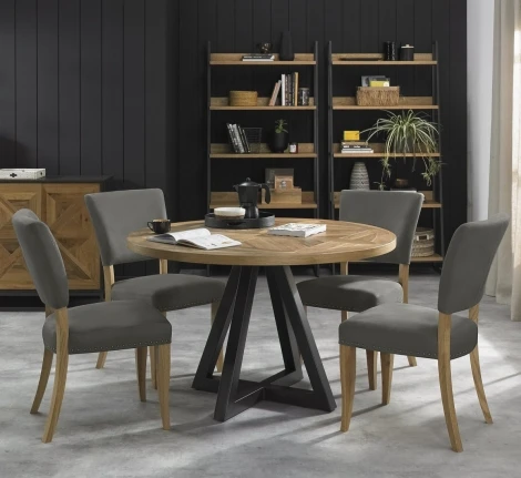 2003-9-09U-DGY4 - Indus - Rustic Oak - 4 Seater Circular Table & 4 Indus Chairs in Dark Grey Fabric