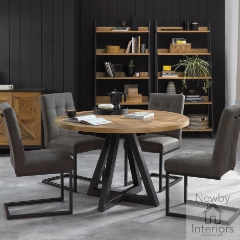 2003-9-09UC-DGY4 - Indus Rustic Oak 4 Seater Circular Dining Set with 4 Dark Grey Fabric Cantilever Chairs