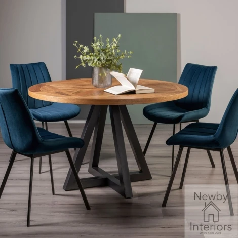 2003-9-30-VBL-4 - Indus Rustic Oak 4 Seater Round Dining Set with 4 Fontana Blue Velvet Chairs