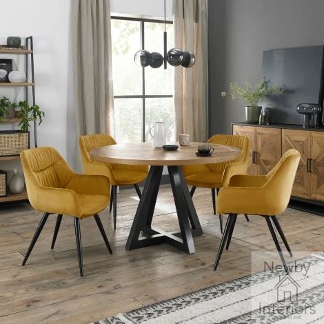 2003-9-40-VMU-4 - Indus Rustic Oak 4 Seater Round Dining Set with 4 Dali Mustard Velvet Chairs