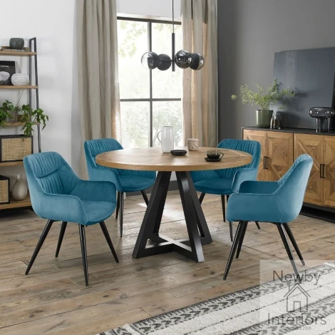 2003-9-40-VPB-4 - Indus Rustic Oak 4 Seater Round Dining Set with 4 Petrol Blue Velvet Chairs