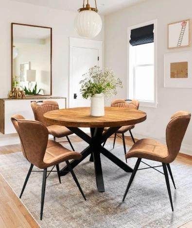 Industrial Mango Round X Leg Dining Table 130cm & 4 Camel Dining Chairs
