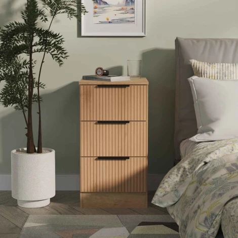 JAV001-SE-NB - Java - 3 Drawer Bedside Cabinet / Bedside Table / Nightstand - Slatted Effect Front and Nebraska Base