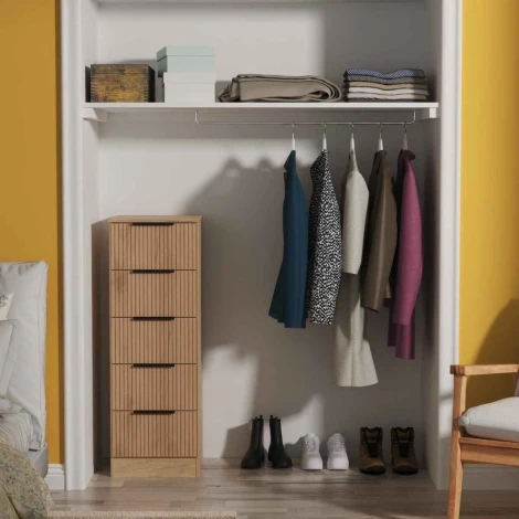 JAV003-SE-NB - Java - 5 Drawer Bedside Cabinet / Bedside Table / Nightstand - Slatted Effect Front and Nebraska Base