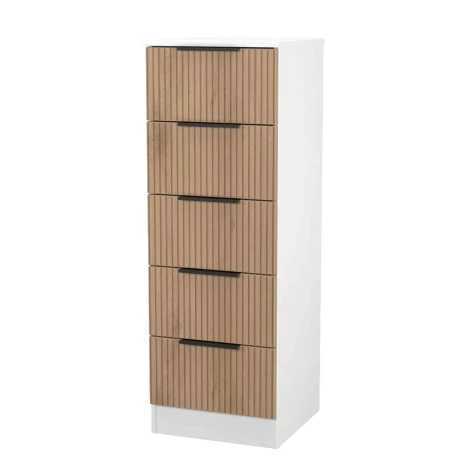 JAV003-SE-WM - Java - 5 Drawer Bedside Cabinet / Bedside Table / Nightstand - Slatted Effect Front and White Matt Base