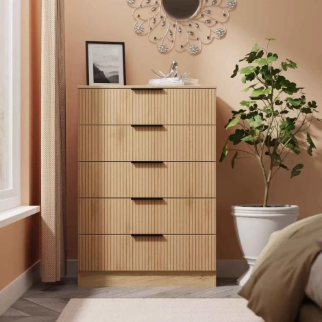 JAV012-SE-NB - Java - Chest of 5 Drawers - Slatted Effect Front and Nebraska Base