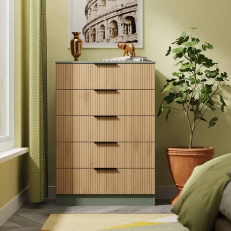 JAV012-SE-RG - Java - Chest of 5 Drawers - Slatted Effect Front and Reed Green Base