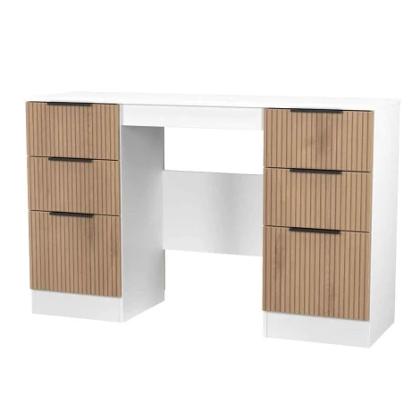 JAV030-SE-WM - Java - Kneehole Double Pedestal Dressing Table / Vanity Table / Desk - Slatted Effect Front and White Matt Base