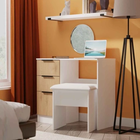 JAV031-SE-WM - Java - Single Pedestal Dressing Table / Vanity Table / Desk - Slatted Effect Front and White Matt Base