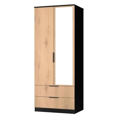 JAV062-SE-BM - Java - 2 Door 2 Drawer Double Mirrored Wardrobe - Slatted Effect Front and Black Matt Base