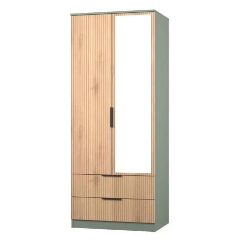JAV062-SE-RG - Java - 2 Door 2 Drawer Double Mirrored Wardrobe - Slatted Effect Front and Reed Green Base