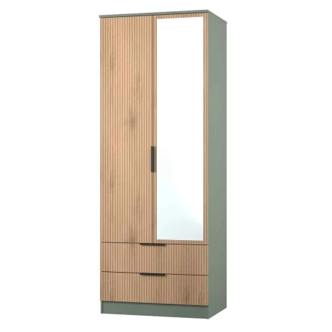 JAV082-SE-RG - Java - 2 Door 2 Drawer Tall Mirrored Wardrobe - Slatted Effect Front and Reed Green Base