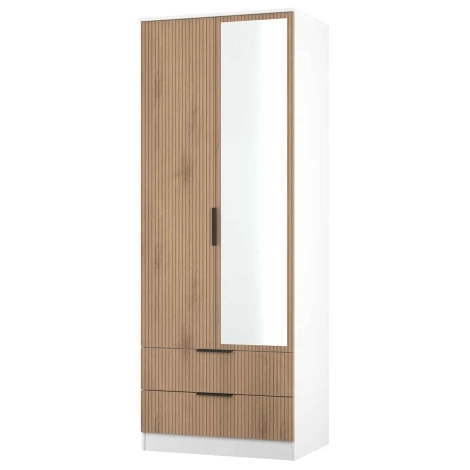 JAV082-SE-WM - Java - 2 Door 2 Drawer Tall Mirrored Wardrobe - Slatted Effect Front and White Matt Base