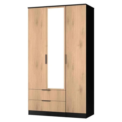 JAV142-SE-BM - Java - 3 Door 2 Drawer Triple Tall Mirror Wardrobe - Slatted Effect Front and Black Matt Base