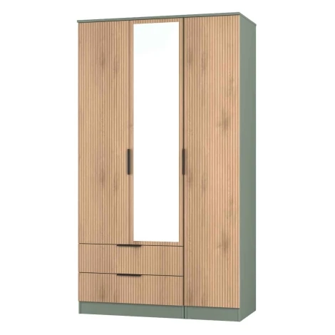 JAV142-SE-RG - Java - 3 Door 2 Drawer Triple Tall Mirror Wardrobe - Slatted Effect Front and Reed Green Base