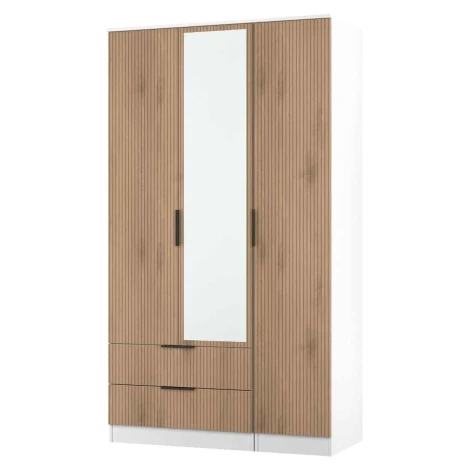 JAV142-SE-WM - Java - 3 Door 2 Drawer Triple Tall Mirror Wardrobe - Slatted Effect Front and White Matt Base