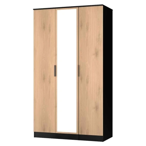 JAV147-SE-BM - Java - 3 Door Triple Tall Mirror Wardrobe - Slatted Effect Front and Black Matt Base