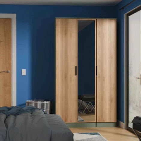 JAV147-SE-RG - Java - 3 Door Triple Tall Mirror Wardrobe - Slatted Effect Front and Reed Green Base
