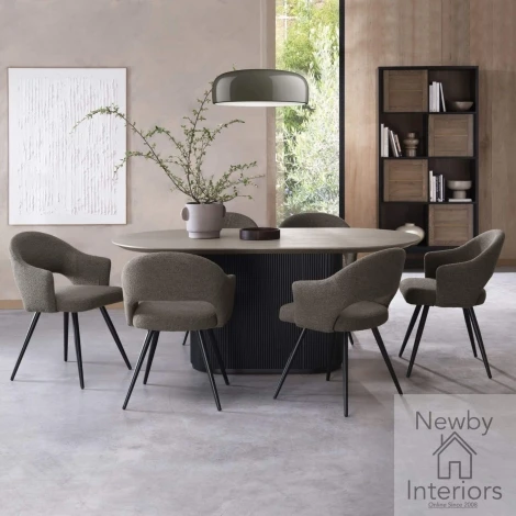 H5187-4 - Jorge Grey Oak Top 180cm Large Oval Dining Table with Black Pedestal Base
