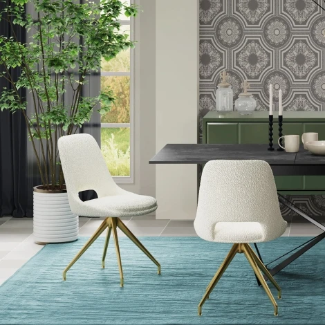 NH-DC-KASPER-CR-GSS - Kasper Cream Boucle Fabric Dining Chairs - Gold Metal Legs (Pair)