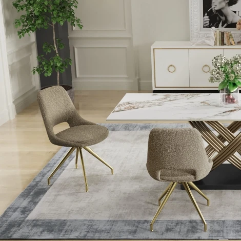 Kasper - 2x Stone Boucle Fabric Dining Chairs - Gold Metal Legs