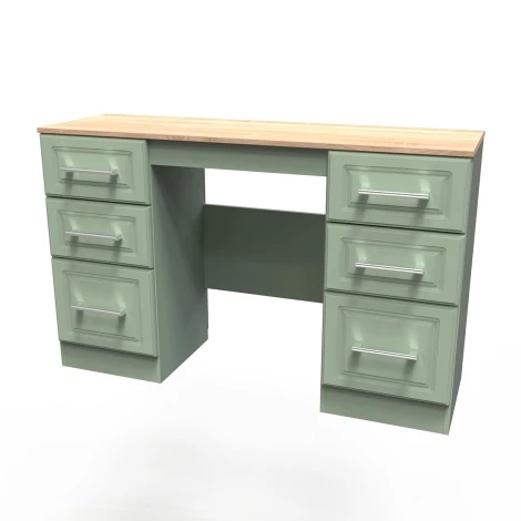 KEN030-RGBO - Kent - Reed Green - Kneehole - Double Pedestal Dressing Table / Vanity Table / Desk - Bardolino Oak Top