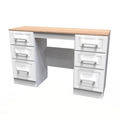 KEN030-WAMO - Kent - White Ash - Kneehole - Double Pedestal Dressing Table / Vanity Table / Desk - Bardolino Oak Top