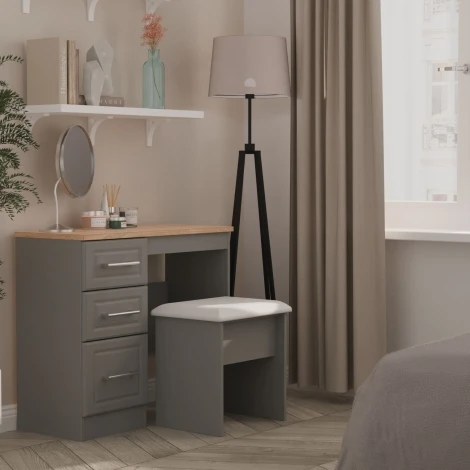 KEN031-DGBO - Kent - Dusk Grey Single Pedestal Desk / Vanity Table - Bardolino Oak Top