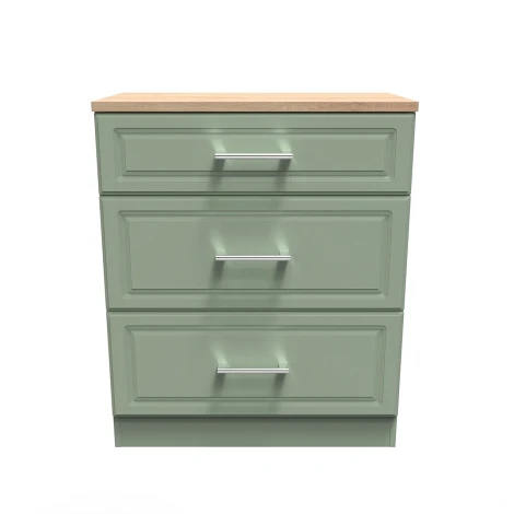 KEN049-RGBO - Kent - Reed Green - Deep - Chest of 3 Drawer - Bardolino Oak Top